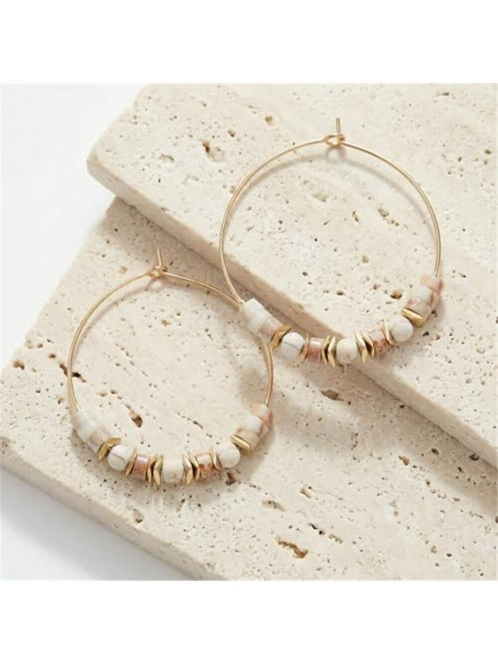 Natural Stone Beaded Hoop Earrings for Women, Boho Handmade Lightweight